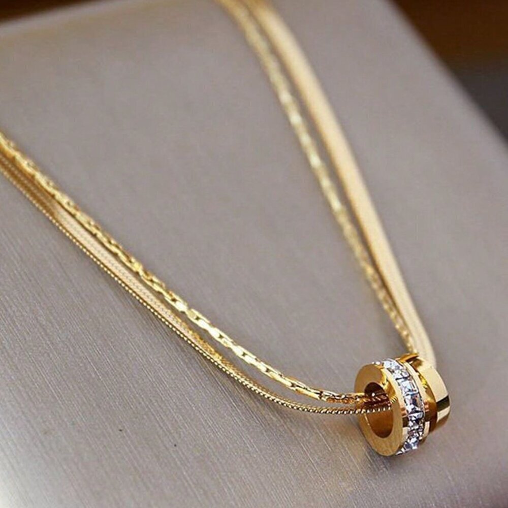 Silver Casual Women's Stainless Steel Round Cz Inlaid Double Layer Necklace - Picture 11 of 14